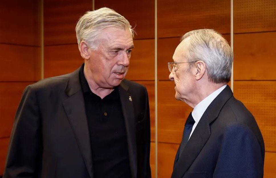 فلورنتینو پرز، رئیس باشگاه رئال مادرید در کنار کارلو آنچلوتی، سرمربی تیم در کمپ تمرینی