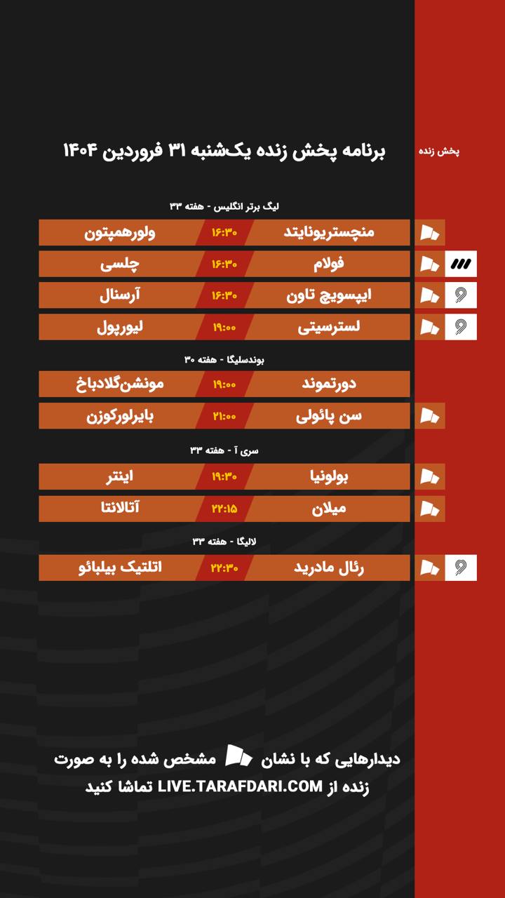برنامه پخش زنده فوتبال امروز ۳۱ فروردین