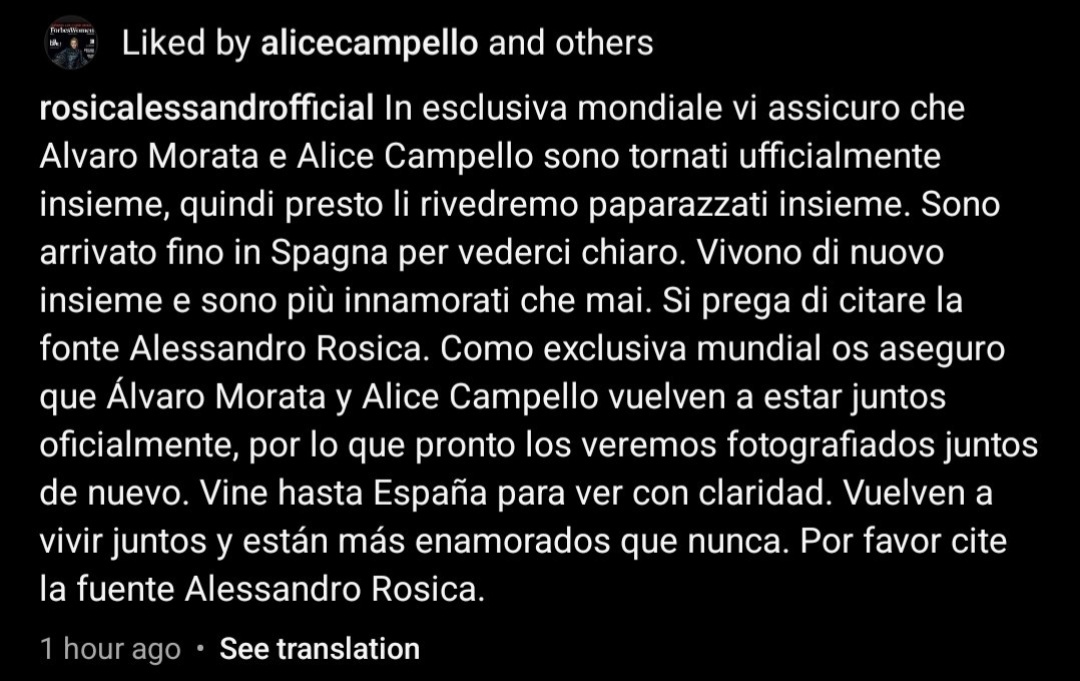 لایک همسر آلوارو موراتا زیر پست مربوط به بازگشت به زندگی مشترک