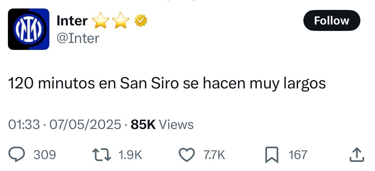 توییت باشگاه اینتر پس از پیروزی مقابل بارسلونا با اقتباس از شعار معروف رئال مادرید 